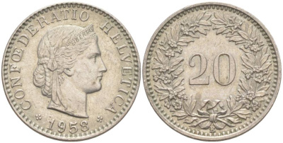 ШВЕЙЦАРИЯ 20 РАППЕНОВ 1958 В KM 29a медно-никель 55-751