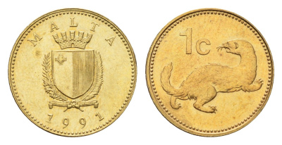Мальта 1 цент 1991 Ласка, горностай KM 93 никель латунь UNC 4655-153