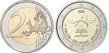 Бельгия 2 евро 2008 60 лет принятие декларации прав человека KM 248 биметалл UNC 4525-1235