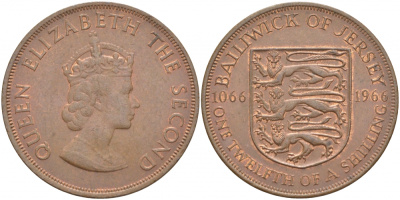 Джерси 1/12 шиллинга 1966 900 лет Нормандскому завоеванию KM 26 бронза UNC 3996-322