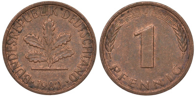 ФРГ 1 пфенниг 1982 J KM 105 сталь плакированная медью 4124-569