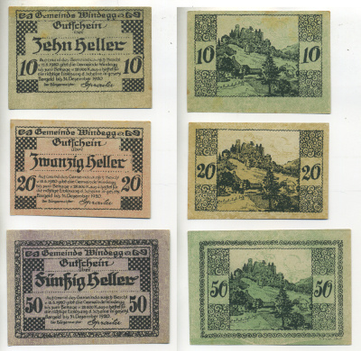 Австрия набор из 3 банкнот 1920 15 мая 1920-31 декабря 1920, нотгельд, 10, 20, 50 геллеров, MINDEGGO   бумага  XF 7555-6-4-2