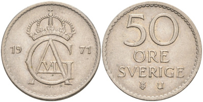 Швеция 50 эре 1971 U, Густав VI Адольф (1950-1973) KM 837 медно-никель 4538-544