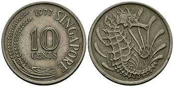 Сингапур 10 центов 1977 морской конёк KM 3 медно-никель 4136-1037