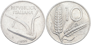 Италия 10 лир 1955 R, КОЛОС, плуг KM 93 алюминий 4519-931