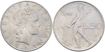 Италия 50 лир 1956 R, бог огня Вулкан у наковальни KM 95.1 нержавеющая сталь 4551-334