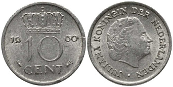 Нидерланды 10 центов 1960 Юлиана (1949-1980) KM 182 никель 112-728