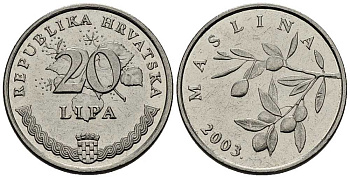 Хорватия 20 лип 2003 олива, легенда на хорватском KM 7 сталь плакированная никелем 211-825