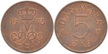 Дания 5 эре 1975 S; B, Маргрете II (1972- ) KM 859.1 железо плакированное медью 4564-1162