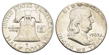 США 1/2 доллара (50 центов) 1963 Бенджамин Франклин, колокол KM 199 серебро  aUNC  4574-941