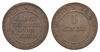 Эльберфельд 1 бродмарке (жетон на 1 буханку хлеба) 1816 медь 1528-541