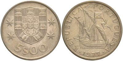 ПОРТУГАЛИЯ 5 ЭСКУДО 1977 ПАРУСНИК KM 591 медно-никель 4561-747