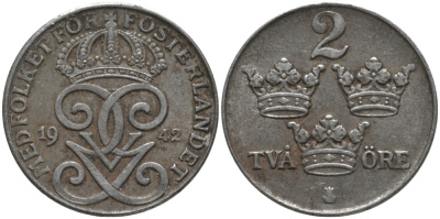 Швеция 2 эре 1942 Густав V (1907-1950) KM 811 железо 63-753