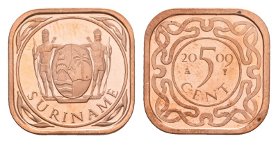 Суринам 5 центов 2009 тираж 1000 экземпляров KM 12b сталь плакированная медью BU 4649-956