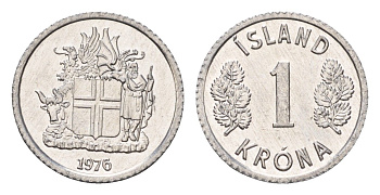 Исландия 1 крона 1976 KM 23 алюминий UNC 4687-767
