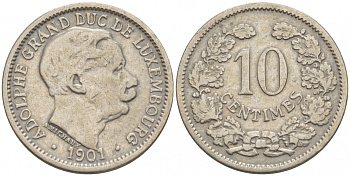 ЛЮКСЕМБУРГ 10 САНТИМОВ 1901 АДОЛЬФ (1890-1905) KM 25 медно-никель 4548-756