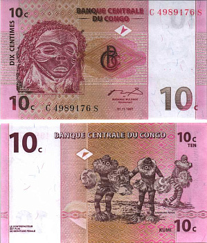 ДР Конго 10 сантимов 1997 маска пенде, танцоры пенде Pick 82 a бумага UNC (пресс) 7116-42-1-1