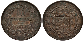 ЛЮКСЕМБУРГ 10 САНТИМОВ 1870 u, ГЕРЦОГ ВИЛЛЕМ III НИДЕРЛАНДСКИЙ (1849-1890), МОНДВОР УТРЕХТ, С ТОЧКОЙ НАД BARTH НА РЕВЕРСЕ КМ 23.1 бронза 4536-445