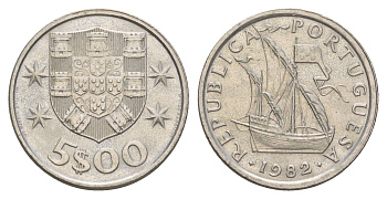 Португалия 5 эскудо 1982 KM 591 медно-никель 4654-333