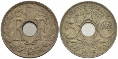 Франция 5 сантимов 1919 тип Линдайё KM 865, Le Franc 121.3 медно-никель 4379-1153