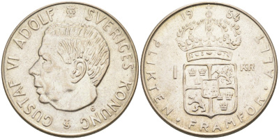 Швеция 1 крона 1954 TS, Густав VI Адольф (1950-1973) KM 826 серебро 183-1245