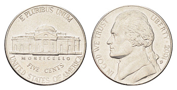 США 5 центов 2001 D, президент Джеферсон KM A192 медно-никель UNC 4705-812