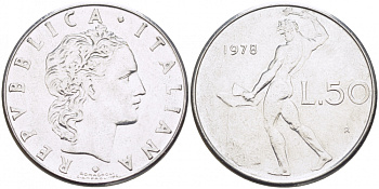 ИТАЛИЯ 50 ЛИР 1978 R, БОГ ОГНЯ ВУЛКАН У НАКОВАЛЬНИ KM 95.1 нержавеющая сталь 3718-431