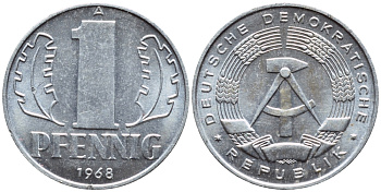 ГДР 1 ПФЕННИГ 1968 A КМ 8.1 алюминий 261-642