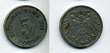 ГЕРМАНИЯ 5 ПФЕННИГОВ 1912 J, KM 11, J. 12 медно-никель 53-457