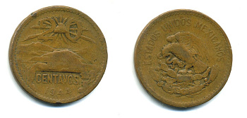 Мексика 20 сентаво 1944 KM 439 бронза 35-626