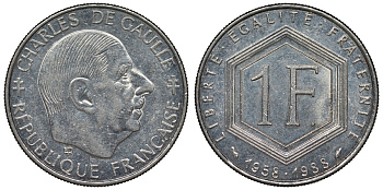 Франция 1 франк 1988 Шарль де Голль KM 963, Le Franc 227.2 никель 4128-354