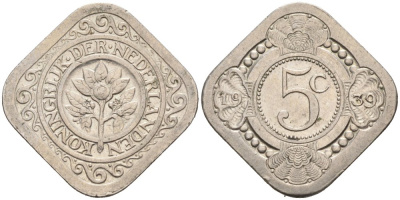 Нидерланды 5 центов 1939 Вильгельмина (1890-1948) KM 153 медно-никель 4575-723