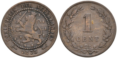 Нидерланды 1 цент 1878 Виллем III (1849-1890) KM 107 бронза 4576-526