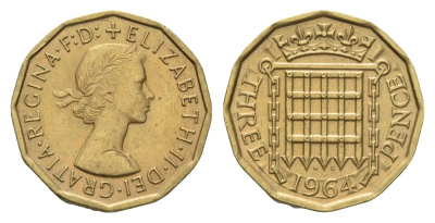 Великобритания 3 пенса 1964 Елизавета II (1952-2022) KM 900, Spink 4153 никель латунь 4121-657
