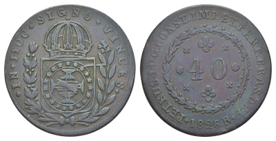 Бразилия 40 реалов 1826 R, Педру I (1822-1831) KM 363.1 медь 413-622