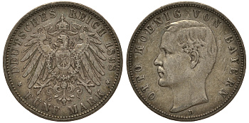 Бавария 5 марок 1898 D, Отто (1886-1913) Weege 47, J. 46, KM 512.1 серебро 3711-1422