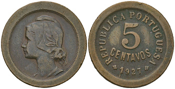 Португалия 5 сентаво 1927 KM 572 бронза 4584-1256