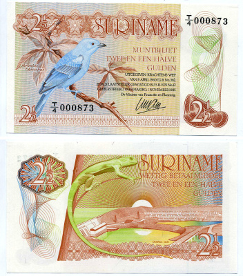 Суринам 2 1/2 гульдена 1985 голубая танагра, дамба Pick 119 a бумага UNC (пресс) 7214-38-1-1