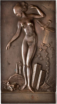 Саксония плакетка 1927 Университет Дрездена, обнаженная женщина, автомобиль, самолет,  92 x 170 мм, 180,59 гр бронза 1-4-4-17