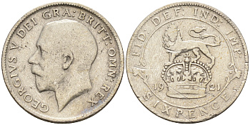 Великобритания 6 пенсов 1921 Георг V (1910-1936) KM 815а.1, Spink 4024 серебро 4588-612