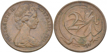 АВСТРАЛИЯ 2 ЦЕНТА 1971 ЕЛИЗАВЕТА II, МОЛОДОЙ ПОРТРЕТ, ПЛАЩЕНОСНАЯ ЯЩЕРИЦА (FRILLED LIZARD) KM 63 бронза 3457-625