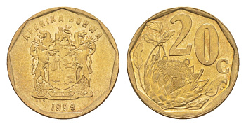 ЮАР 20 центов 1999 герб, цветок протея KM 162 сталь плакированная бронзой UNC 4618-561