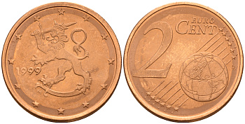 Финляндия 2 евроцента 1999  KM 99 сталь плакированная медью  UNC  4160-353