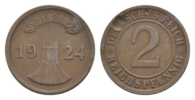 Германия 2 рейхспфеннига 1924 G KM 38, J.314, Weege 4 медь 4639-1226