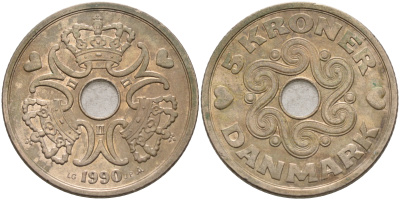 ДАНИЯ 5 КРОН 1990 LG; JP; A, МАРГРЕТЕ II (1972-) KM 869.1 медно-никель 75-333