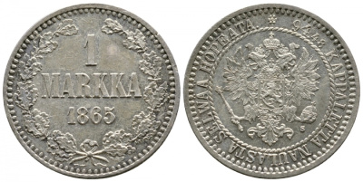 Россия для Финляндии 1 марка 1865 S, Александр II (1855-1881) Биткин 625, KM 3.1 серебро PROOF LIKE 10-016-23