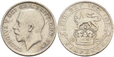 Великобритания 6 пенсов 1921 Георг V (1910-1936) KM 815а.1, Spink 4024 серебро 4588-612