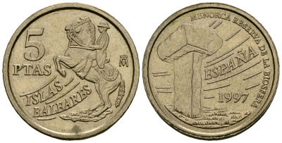 Испания 5 песет 1997 Хуан Карлос I (1975-2014), Балеарские острова, всадник KM 981 алюминиевая бронза 4136-1018