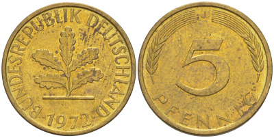 ФРГ 5 пфеннигов 1972 J KM 107, J. 382 сталь плакированная латунью 4514-742