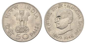 Индия 50 пайс 1969 100 лет со дня рождения Махатмы Ганди KM 59 никель 4675-1142